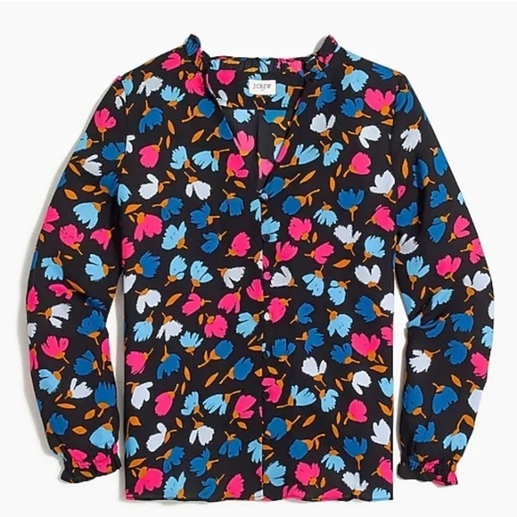 J. Crew Silky Long Sleeve Black Blue Pink Floral Ruffle Button Front Blouse Top - Picture 1 of 7